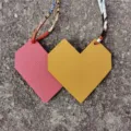 Leather heart shaped bag charm with silk ribbon strap, candy color stylish handbag accessory. - Yellow And Pink