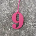 Close-up detail of hot pink leather number 9 bag charm, stylish handbag pendant accessory. - Rose Red