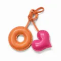 Handmade leather bag charm with donut and heart shapes, featuring elegant contrast saddle stitching. - Orange with Rose Red Heart