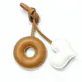 Handmade leather donut and heart shape bag charm with contrast stitching for handbags. - Light Brown with Rice White Heart
