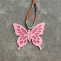 Pink leather hollow butterfly bag charm with colorful printed silk scarf strap pendant. - Pink And Rose Red