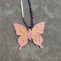 Hollow butterfly bag charm with pink leather, yellow inner layer and printed silk scarf rope. - Pink And Yellow