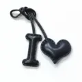 Black leather letter I and heart bag charm handmade stitched car pendant keychain accessory - Black with Black Heart