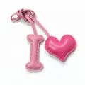 Pink leather letter I and heart charm detail shot, handmade stitching bag pendant accessory. - Pink with Rose Red Heart