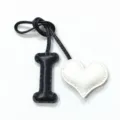 Handmade leather letter I and heart bag charm, stylish stitched keychain and car pendant. - Black with Off-white Heart