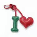 Handmade leather letter I and red heart bag charm, cute keychain and car hanging ornament. - Green with Bright Red Heart