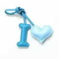 Light blue leather letter I and heart charm close-up, handmade stitching detail for bag dec. - Sky Blue with Light Blue Heart