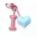 Handmade leather letter I and blue heart charm, cute bag pendant and car keychain decor. - Pink with Light Blue Heart