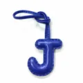 Blue leather letter J bag charm pendant initial keychain luxury accessory detailed close-up view. - Sapphire Blue