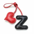 Handmade leather letter Z and red heart bag charm pendant exquisite detail shot. - Black with Red Heart