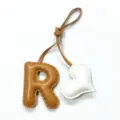 Handmade leather letter R and heart bag charm, stylish pendant for women handbags and car keys. - Light Brown with Off-white Heart