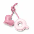 Detailed close-up of pink leather letter Q and heart bag charm with handmade stitching. - Q Light Pink with Pink Heart