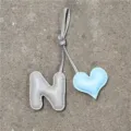 Handmade leather letter N and heart bag charm, cute keychain purse pendant accessory. - Letter N / Grey with Light Blue Heart