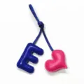 Handmade leather letter E and pink heart bag charm, cute blue and pink handbag pendant for women. - Royal Blue with Rose Red Heart