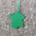 Green France map shape leather bag charm and stylish car hanging ornament detail. - Green