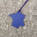 Blue leather France map bag charm, stylish car pendant with fine grain texture and strap. - Sapphire Blue