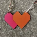 Dual heart leather bag charm pendant with colorful twilly ribbon strap accessory - Orange And Rose Red