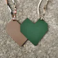 Heart-shaped leather bag charm with silk ribbon strap, dual-color handbag accessory. - Dark Green And Khaki