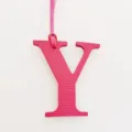 Detailed close-up of the pink leather letter Y charm, showing fine texture and strap. - Rose Red