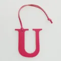 Pink leather letter U bag charm detail view, initial alphabet charm for purses and handbags. - Rose Red