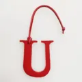 Red leather letter U bag charm with strap, alphabet keychain and handbag pendant accessory. - Red
