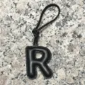 Black leather letter R bag charm detail, premium sheepskin initial pendant for purses and keys. - Capital Letter R / Black