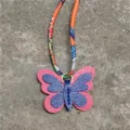 Mini colgante de bolso mariposa con cuerda de pañuelo de seda estampado accesorio de cuero. - Azul Real Y Rosa Roja