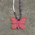 Mini colgante de bolso de mariposa con correa de pañuelo de seda estampada de cuero accesorio - Rosa Roja Y Naranja