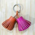Two-tone leather tassel keychain bag charm with metal ring for women cute accessories - Orange and Rose Red