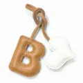 Handcrafted leather letter B bag charm with white heart pendant and leather strap. - Light Brown with Cream Heart