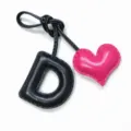 Handmade leather letter D charm with pink heart detail for bags and car hanging pendants. - Black with Rose Red Heart
