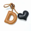 Handmade leather letter D and heart bag charm, stylish purse pendant and keychain accessory. - Light Brown with Black Heart