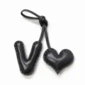 Vista detallada del dije de bolso en cuero negro con letra V y corazón cosido a mano. - V Negro con Corazón Negro