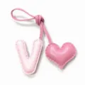 Pink leather letter V and heart bag charm detail, handmade stitching keychain accessory. - V Light Pink with Pink Heart