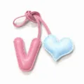Handmade leather letter V and heart bag charm, pink and light blue keychain pendant. - V Pink with Light Blue Heart