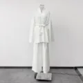 White loungewear set detail showing long sleeve wrap cardigan and matching wide leg trousers. - One Size / Top And Bottom / White