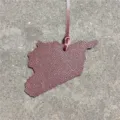 Detailed shot of Syria map shaped leather bag pendant car hanging ornament with pebbled texture. - Burgundy