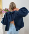 French style deep blue backless blouse with bubble sleeves and back bow tie detail. - One Size / Navy Blue