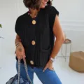 Stylish women's black chunky knit sleeveless cardigan vest with gold buttons and pockets - S / Black