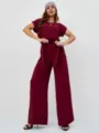 Elegant burgundy short sleeve top and wide leg pants two piece set for women. - S / Top And Bottom / Red