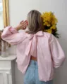 French style pink bubble sleeve open back bow tie solid color women shirt variant. - One Size / Pink