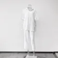 Women white casual jacquard matching set short sleeve top and long pants lounge wear - M / Top And Bottom / White