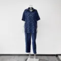 Summer autumn casual jacquard loungewear set women short sleeve trousers plus size outfit - M / Top And Bottom / Navy Blue