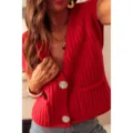 Chunky knit red sleeveless cardigan vest for women buttoned summer fall fashion apparel - S / Red