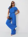 Elegant blue short-sleeve top and high-waist wide-leg trousers two-piece set variant. - S / Top And Bottom / Sapphire Blue