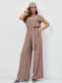 Chic casual two-piece set featuring a short sleeve top and wide leg trousers in light brown. - S / Top And Bottom / Pinkish Brown