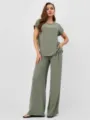 Women casual two piece set loose short sleeve top and wide leg pants sage green outfit. - S / Top And Bottom / Olive Green