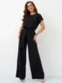 Black casual two-piece outfit with short sleeve top and wide leg pants for women. - S / Top And Bottom / Black