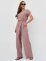 Women's chic casual two-piece set featuring short sleeve top and wide leg pants in mauve. - S / Top And Bottom / Dusty Pink