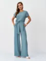 Elegant casual two piece pants set with short sleeve top and wide leg trousers for women. - S / Top And Bottom / Grey Blue